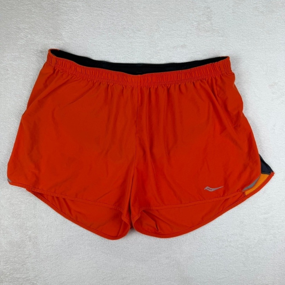 Saucony RunDry Running Shorts Mens L Orange Lined Zip Pocket Athletic 2.5 Inseam
